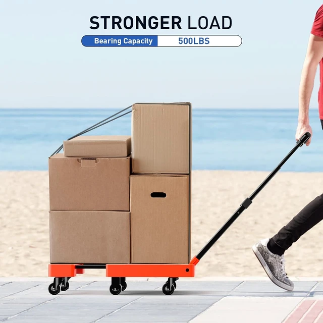 Alt view image 4 of 7 - Folding Hand Truck, 500 LB Heavy Duty Luggage Cart, Orange Utility Dolly Platform Cart with 6 Wheels & 2 Elastic Ropes for Luggage, Travel, Moving, Shopping, Office Use