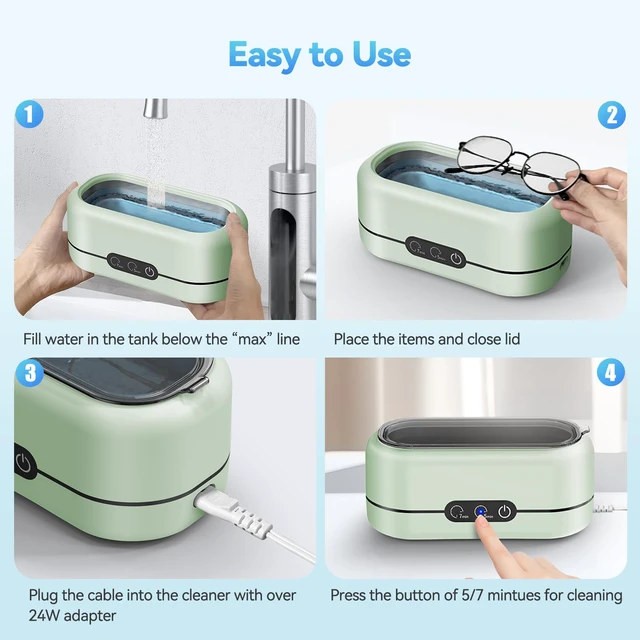 Alt view image 5 of 6 - Ultrasonic Jewelry Cleaner, 48KHz Ultrasonic Cleaner Machine, 12oz Easy Operation, Quiet Ultra Sonic Cleaner for Silver Jewelry, Glasses, Rings, Watch Strap, Retainers, Dentures - Light Green