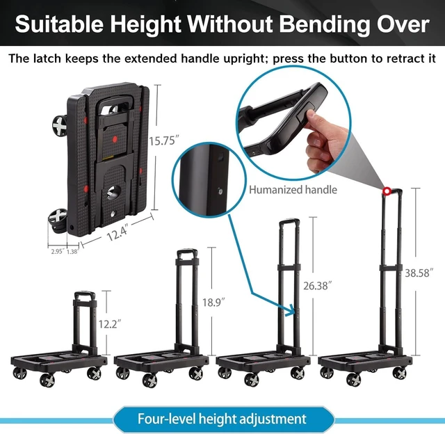 Alt view image 3 of 7 - Foldable Hand Truck, Lightweight Luggage Cart for Airport Car Seat Compact Folding dolly with Rotating swivel wheel,storage size12×15.7×4.1",110lbs Load,Upright Lock Handle with 3bungee cords