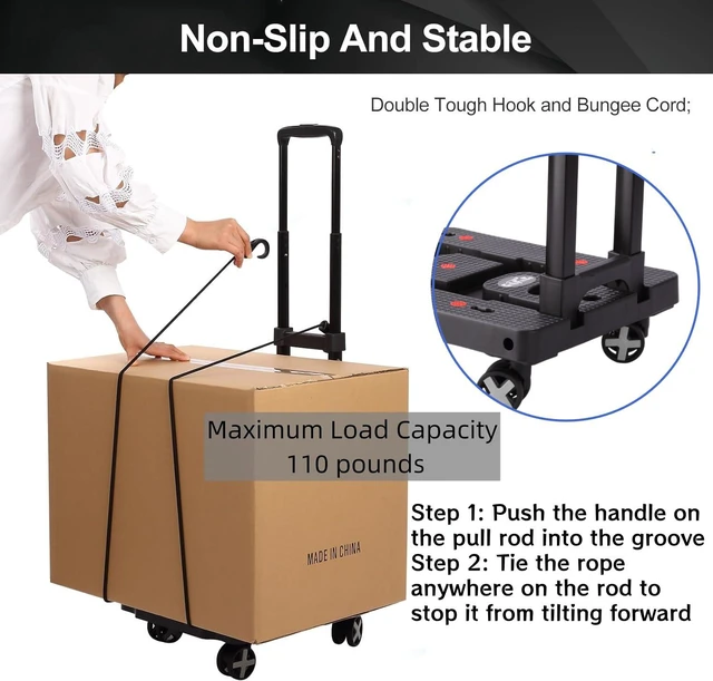 Alt view image 4 of 7 - Foldable Hand Truck, Lightweight Luggage Cart for Airport Car Seat Compact Folding dolly with Rotating swivel wheel,storage size12×15.7×4.1",110lbs Load,Upright Lock Handle with 3bungee cords
