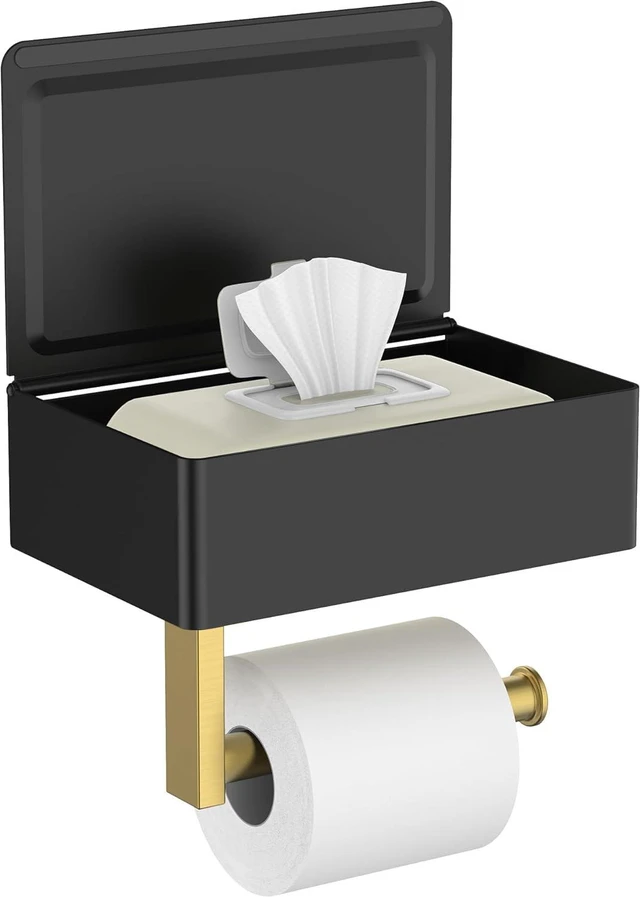 Main image of Toilet Paper Holder with Shelf, Wall-Mounted Modern Wipes Dispenser Black & Gold Toilet Paper Holder with Storage for Bathroom Fits Wipes, Sanitary Napkins, Tampons 8.0"x5.3" Large Shelf