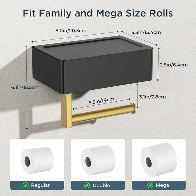 Alt view image 3 of 7 - Toilet Paper Holder with Shelf, Wall-Mounted Modern Wipes Dispenser Black & Gold Toilet Paper Holder with Storage for Bathroom Fits Wipes, Sanitary Napkins, Tampons 8.0"x5.3" Large Shelf