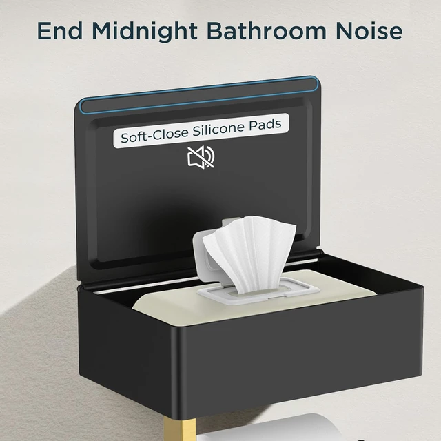 Alt view image 4 of 7 - Toilet Paper Holder with Shelf, Wall-Mounted Modern Wipes Dispenser Black & Gold Toilet Paper Holder with Storage for Bathroom Fits Wipes, Sanitary Napkins, Tampons 8.0"x5.3" Large Shelf