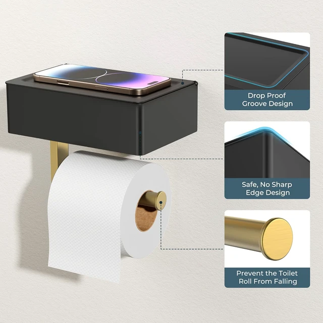 Alt view image 5 of 7 - Toilet Paper Holder with Shelf, Wall-Mounted Modern Wipes Dispenser Black & Gold Toilet Paper Holder with Storage for Bathroom Fits Wipes, Sanitary Napkins, Tampons 8.0"x5.3" Large Shelf