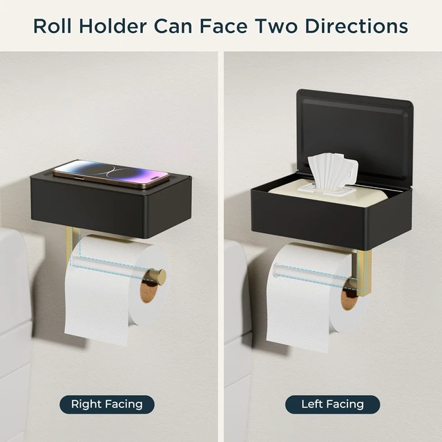 Alt view image 7 of 7 - Toilet Paper Holder with Shelf, Wall-Mounted Modern Wipes Dispenser Black & Gold Toilet Paper Holder with Storage for Bathroom Fits Wipes, Sanitary Napkins, Tampons 8.0"x5.3" Large Shelf