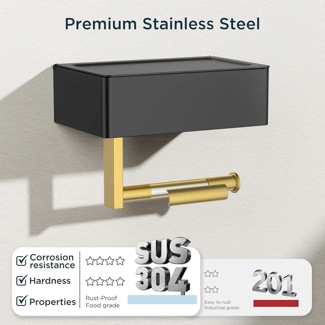 Alt view image 6 of 7 - Toilet Paper Holder with Shelf, Wall-Mounted Modern Wipes Dispenser Black & Gold Toilet Paper Holder with Storage for Bathroom Fits Wipes, Sanitary Napkins, Tampons 8.0"x5.3" Large Shelf