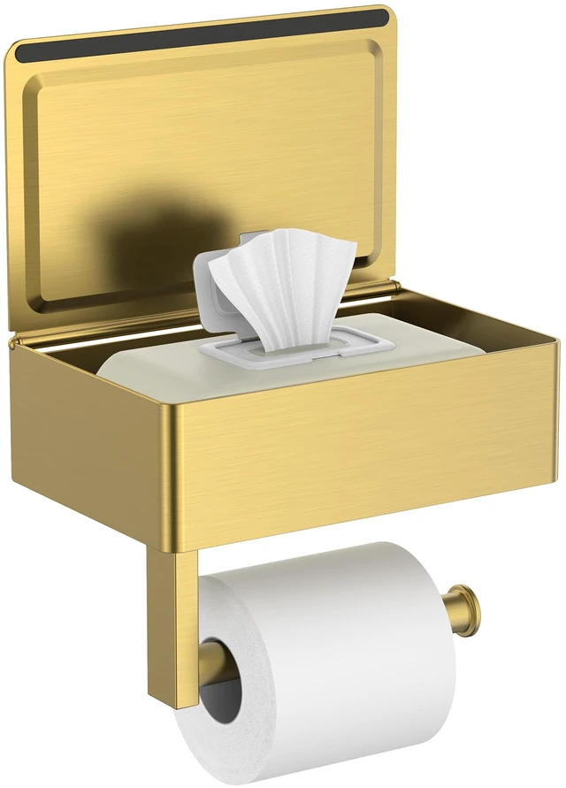 Main image of Toilet Paper Holder with Shelf, Wall-Mounted Modern Wipes Dispenser Brushed Gold Toilet Paper Holder with Storage for Bathroom Fits Wipes, Sanitary Napkins, Tampons 8.0"x5.3" Large Shelf