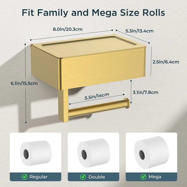 Alt view image 2 of 7 - Toilet Paper Holder with Shelf, Wall-Mounted Modern Wipes Dispenser Brushed Gold Toilet Paper Holder with Storage for Bathroom Fits Wipes, Sanitary Napkins, Tampons 8.0"x5.3" Large Shelf
