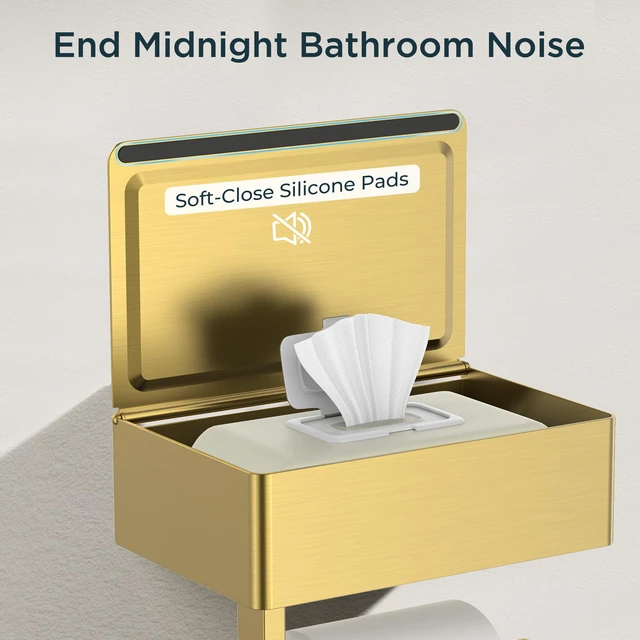 Alt view image 3 of 7 - Toilet Paper Holder with Shelf, Wall-Mounted Modern Wipes Dispenser Brushed Gold Toilet Paper Holder with Storage for Bathroom Fits Wipes, Sanitary Napkins, Tampons 8.0"x5.3" Large Shelf