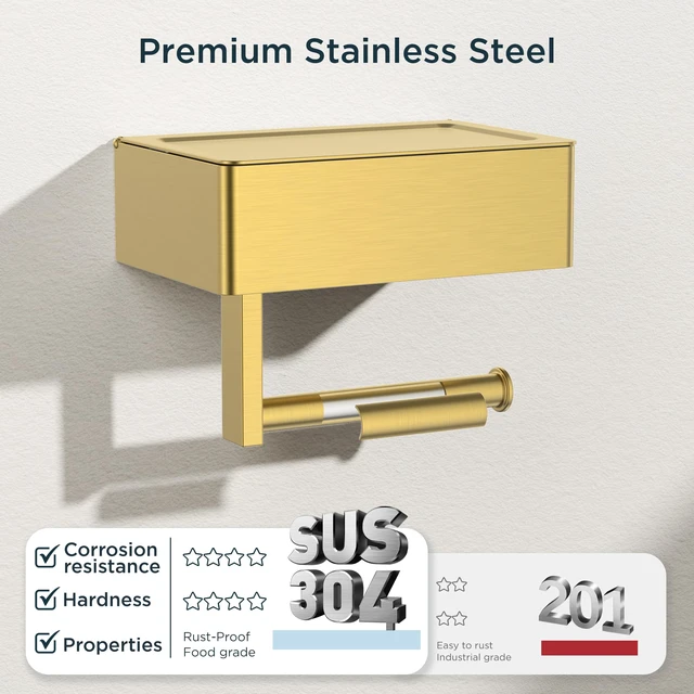 Alt view image 5 of 7 - Toilet Paper Holder with Shelf, Wall-Mounted Modern Wipes Dispenser Brushed Gold Toilet Paper Holder with Storage for Bathroom Fits Wipes, Sanitary Napkins, Tampons 8.0"x5.3" Large Shelf
