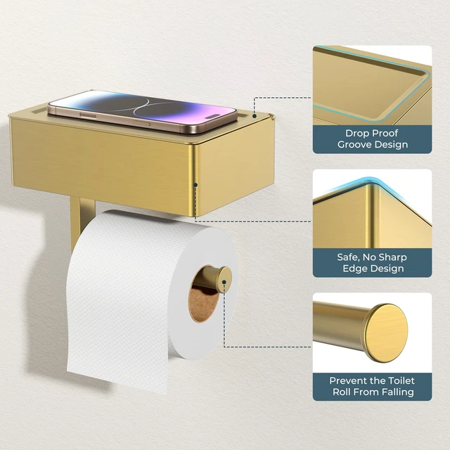 Alt view image 4 of 7 - Toilet Paper Holder with Shelf, Wall-Mounted Modern Wipes Dispenser Brushed Gold Toilet Paper Holder with Storage for Bathroom Fits Wipes, Sanitary Napkins, Tampons 8.0"x5.3" Large Shelf