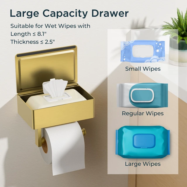 Alt view image 6 of 7 - Toilet Paper Holder with Shelf, Wall-Mounted Modern Wipes Dispenser Brushed Gold Toilet Paper Holder with Storage for Bathroom Fits Wipes, Sanitary Napkins, Tampons 8.0"x5.3" Large Shelf