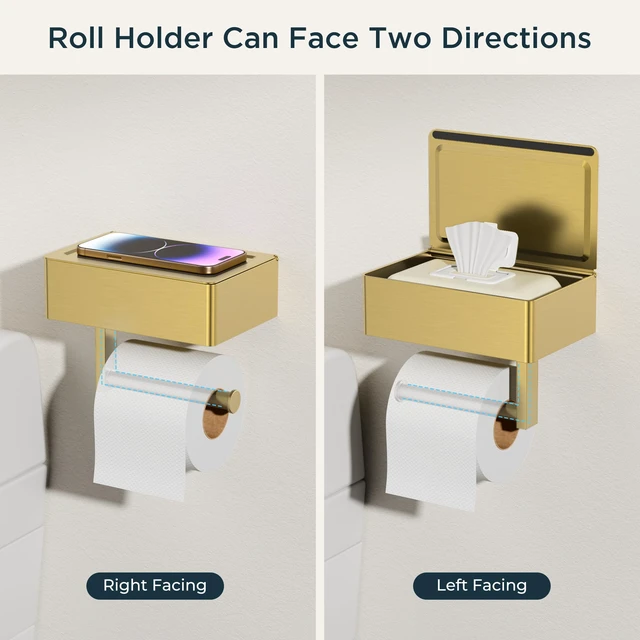 Alt view image 7 of 7 - Toilet Paper Holder with Shelf, Wall-Mounted Modern Wipes Dispenser Brushed Gold Toilet Paper Holder with Storage for Bathroom Fits Wipes, Sanitary Napkins, Tampons 8.0"x5.3" Large Shelf