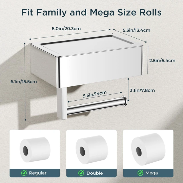 Alt view image 2 of 7 - Toilet Paper Holder with Shelf, Wall-Mounted Modern Wipes Dispenser Chrome Toilet Paper Holder with Storage for Bathroom Fits Wipes, Sanitary Napkins, Tampons 8.0"x5.3" Large Shelf