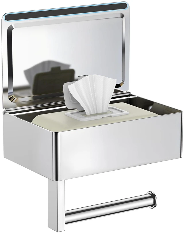 Main image of Toilet Paper Holder with Shelf, Wall-Mounted Modern Wipes Dispenser Chrome Toilet Paper Holder with Storage for Bathroom Fits Wipes, Sanitary Napkins, Tampons 8.0"x5.3" Large Shelf