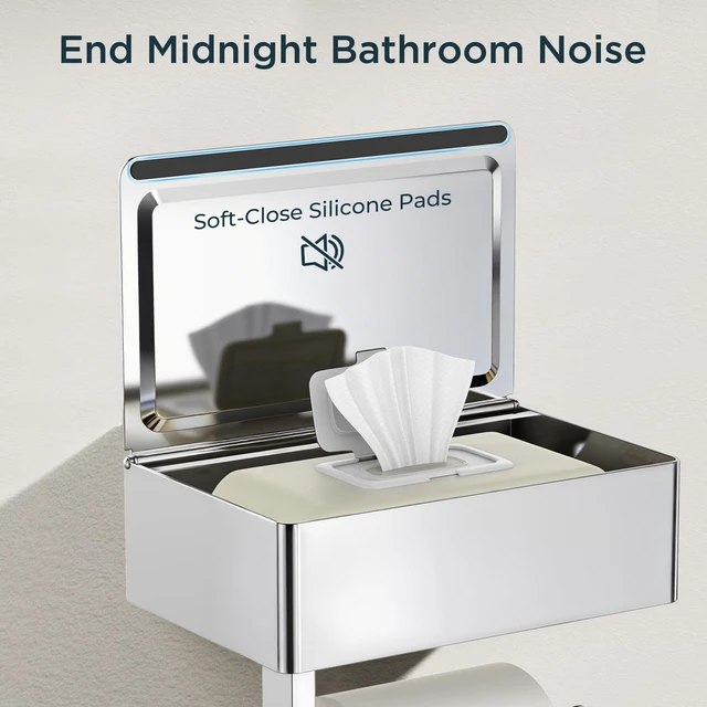 Alt view image 3 of 7 - Toilet Paper Holder with Shelf, Wall-Mounted Modern Wipes Dispenser Chrome Toilet Paper Holder with Storage for Bathroom Fits Wipes, Sanitary Napkins, Tampons 8.0"x5.3" Large Shelf