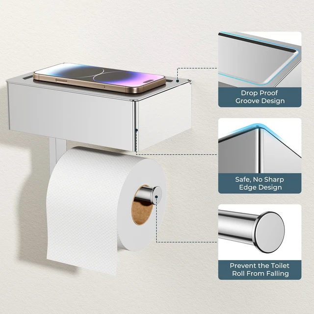 Alt view image 4 of 7 - Toilet Paper Holder with Shelf, Wall-Mounted Modern Wipes Dispenser Chrome Toilet Paper Holder with Storage for Bathroom Fits Wipes, Sanitary Napkins, Tampons 8.0"x5.3" Large Shelf