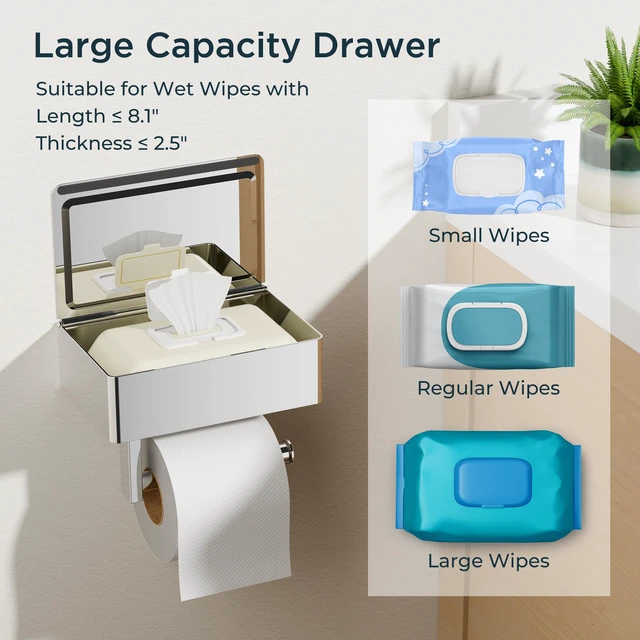 Alt view image 5 of 7 - Toilet Paper Holder with Shelf, Wall-Mounted Modern Wipes Dispenser Chrome Toilet Paper Holder with Storage for Bathroom Fits Wipes, Sanitary Napkins, Tampons 8.0"x5.3" Large Shelf