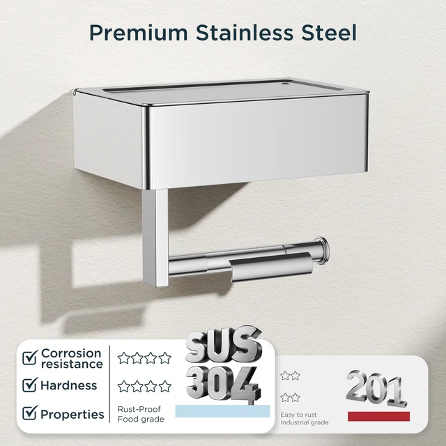 Alt view image 6 of 7 - Toilet Paper Holder with Shelf, Wall-Mounted Modern Wipes Dispenser Chrome Toilet Paper Holder with Storage for Bathroom Fits Wipes, Sanitary Napkins, Tampons 8.0"x5.3" Large Shelf