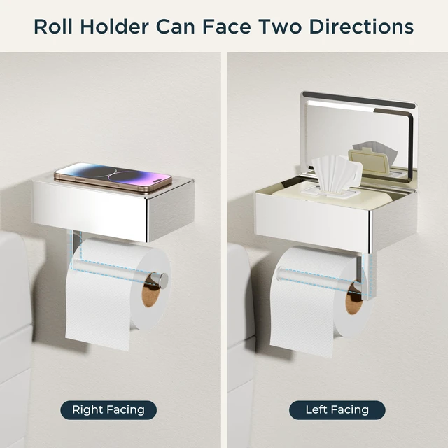 Alt view image 7 of 7 - Toilet Paper Holder with Shelf, Wall-Mounted Modern Wipes Dispenser Chrome Toilet Paper Holder with Storage for Bathroom Fits Wipes, Sanitary Napkins, Tampons 8.0"x5.3" Large Shelf