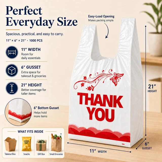 Alt view image 3 of 7 - 1000 Count White Thank You T-Shirt Bags, 11 x 6 x 21 in Durable HDPE with handles, Thank You print, disposable carryout sacks for grocery, retail and takeout