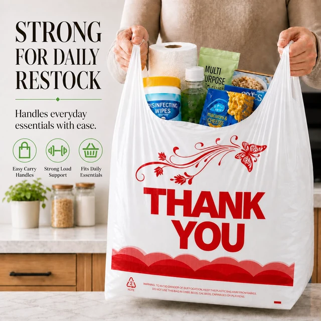 Alt view image 4 of 7 - 1000 Count White Thank You T-Shirt Bags, 11 x 6 x 21 in Durable HDPE with handles, Thank You print, disposable carryout sacks for grocery, retail and takeout