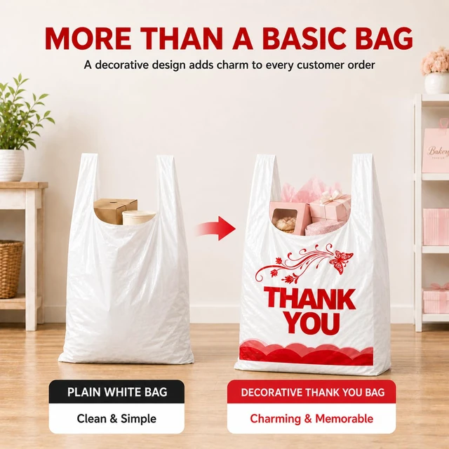 Alt view image 5 of 7 - 1000 Count White Thank You T-Shirt Bags, 11 x 6 x 21 in Durable HDPE with handles, Thank You print, disposable carryout sacks for grocery, retail and takeout