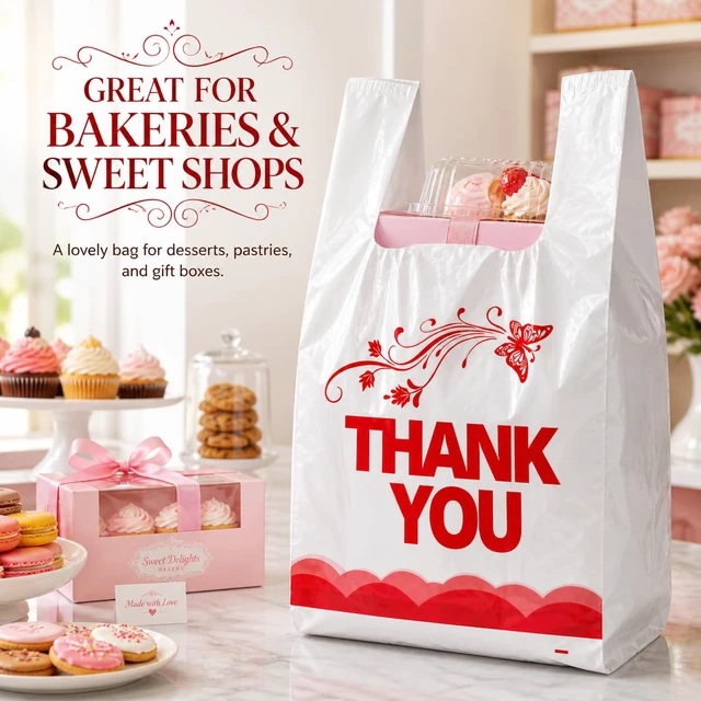 Alt view image 6 of 7 - 1000 Count White Thank You T-Shirt Bags, 11 x 6 x 21 in Durable HDPE with handles, Thank You print, disposable carryout sacks for grocery, retail and takeout
