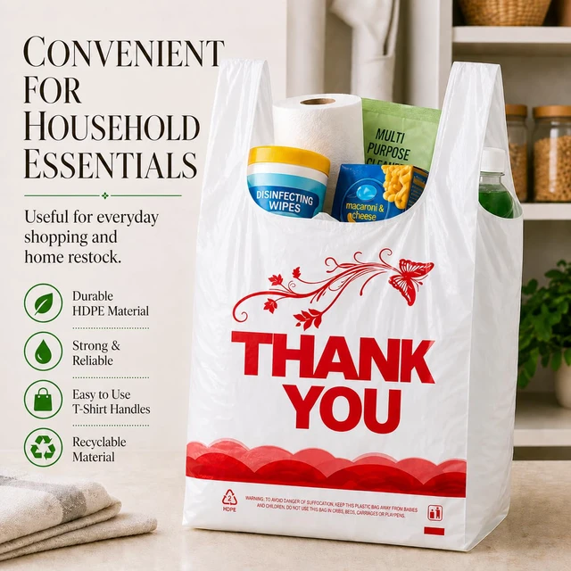 Alt view image 7 of 7 - 1000 Count White Thank You T-Shirt Bags, 11 x 6 x 21 in Durable HDPE with handles, Thank You print, disposable carryout sacks for grocery, retail and takeout