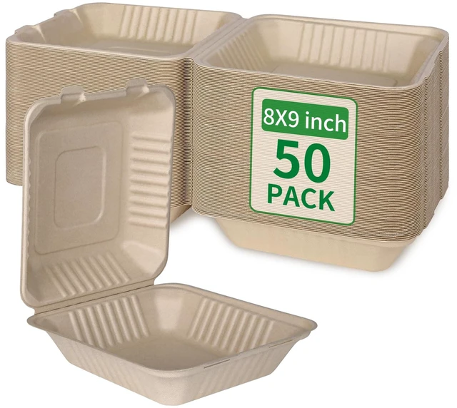 Main image of Disposable 50 Pack 8×9 Inch Take Out Lunch Box Containers with Lids Compostable and Eco-Friendly Biodegradable Bagasse To Go Containers, PFAS-Free, Ideal for Meal Prep, Food, Party, Picnic
