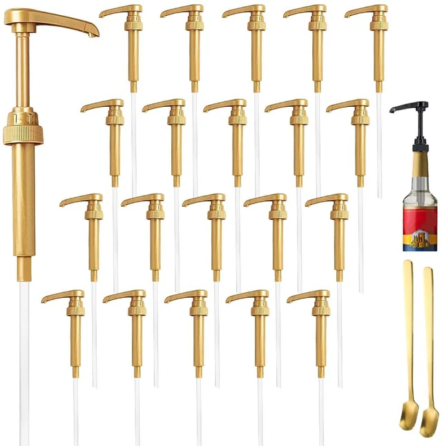 Main image of 20 Pcs Gold Coffee Syrup Pump Compatible with 25.4Oz/750ml Bottles Syrup Dispenser Pumps, Great for Home & Coffee Bar, Drinking Mixes, Tea, Beverage, Cocktails, Syrup Bottles, Plus Spoons