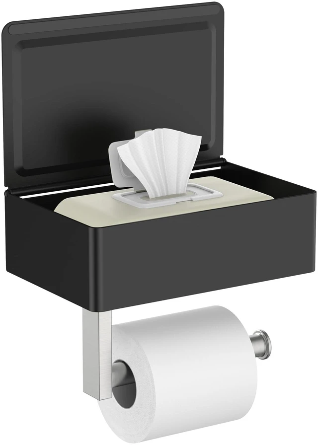 Main image of Toilet Paper Holder with Shelf, Wall-Mounted Modern Wipes Dispenser Black & Brushed Nickel Toilet Paper Holder with Storage Fits Wipes, Sanitary Napkins, Tampons 8.0"x5.3" Large Shelf