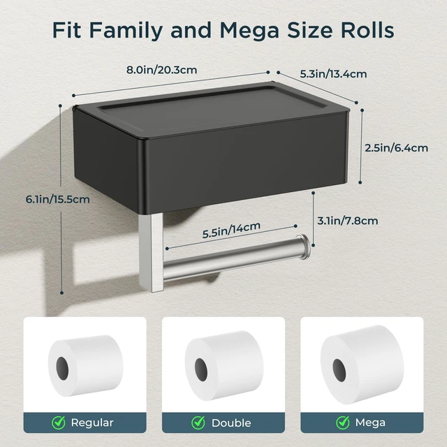 Alt view image 2 of 7 - Toilet Paper Holder with Shelf, Wall-Mounted Modern Wipes Dispenser Black & Brushed Nickel Toilet Paper Holder with Storage Fits Wipes, Sanitary Napkins, Tampons 8.0"x5.3" Large Shelf