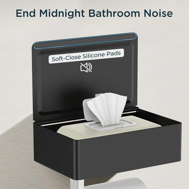 Alt view image 3 of 7 - Toilet Paper Holder with Shelf, Wall-Mounted Modern Wipes Dispenser Black & Brushed Nickel Toilet Paper Holder with Storage Fits Wipes, Sanitary Napkins, Tampons 8.0"x5.3" Large Shelf