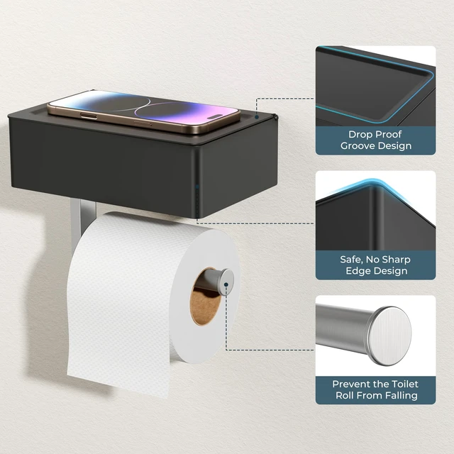 Alt view image 4 of 7 - Toilet Paper Holder with Shelf, Wall-Mounted Modern Wipes Dispenser Black & Brushed Nickel Toilet Paper Holder with Storage Fits Wipes, Sanitary Napkins, Tampons 8.0"x5.3" Large Shelf