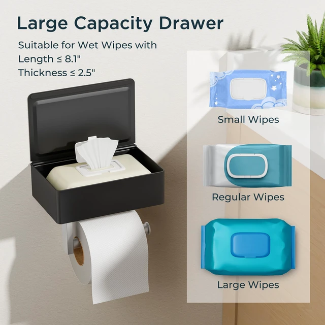 Alt view image 6 of 7 - Toilet Paper Holder with Shelf, Wall-Mounted Modern Wipes Dispenser Black & Brushed Nickel Toilet Paper Holder with Storage Fits Wipes, Sanitary Napkins, Tampons 8.0"x5.3" Large Shelf