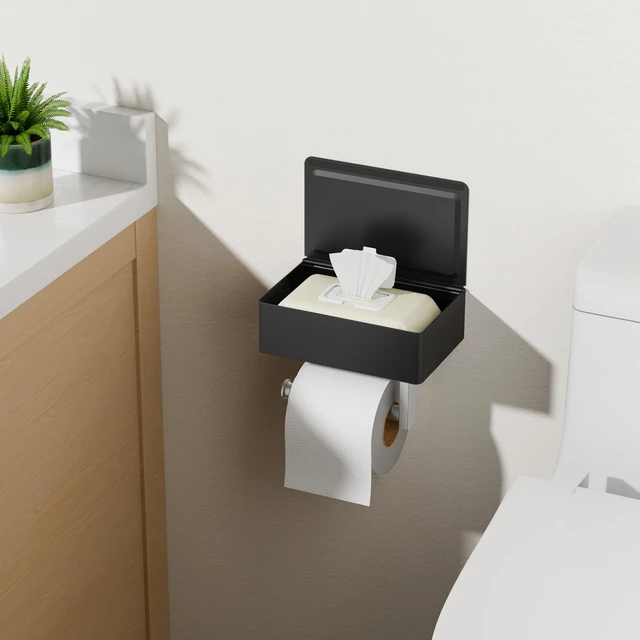Alt view image 7 of 7 - Toilet Paper Holder with Shelf, Wall-Mounted Modern Wipes Dispenser Black & Brushed Nickel Toilet Paper Holder with Storage Fits Wipes, Sanitary Napkins, Tampons 8.0"x5.3" Large Shelf