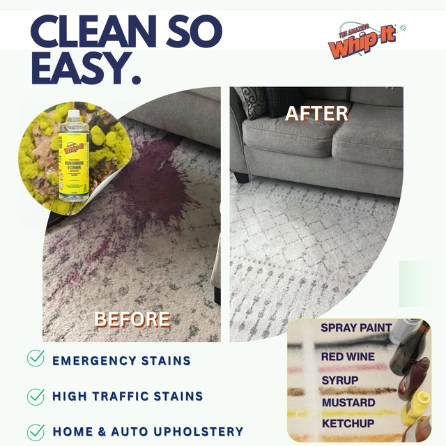 Alt view image 3 of 7 - Whip-It Stain Remover and Concentrate Kit, 2-32oz Concentrates & 1-32 OZ Pro Spray Stain Remover, Makes 64 Bottles, Removes Coffee, Wine, Baby Stains, Pet Stains, Plant Based, Enzyme Cleaner, 500 Uses