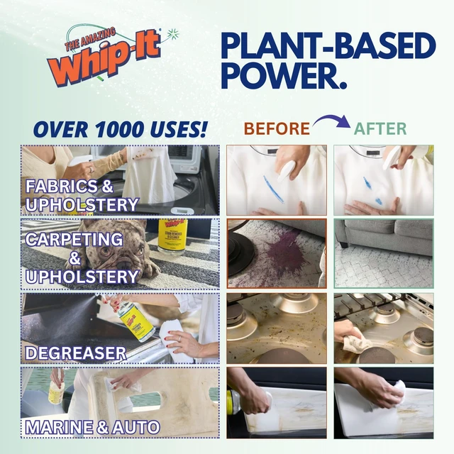 Alt view image 2 of 7 - Whip-It Stain Remover and Concentrate Kit, 2-32oz Concentrates & 1-32 OZ Pro Spray Stain Remover, Makes 64 Bottles, Removes Coffee, Wine, Baby Stains, Pet Stains, Plant Based, Enzyme Cleaner, 500 Uses