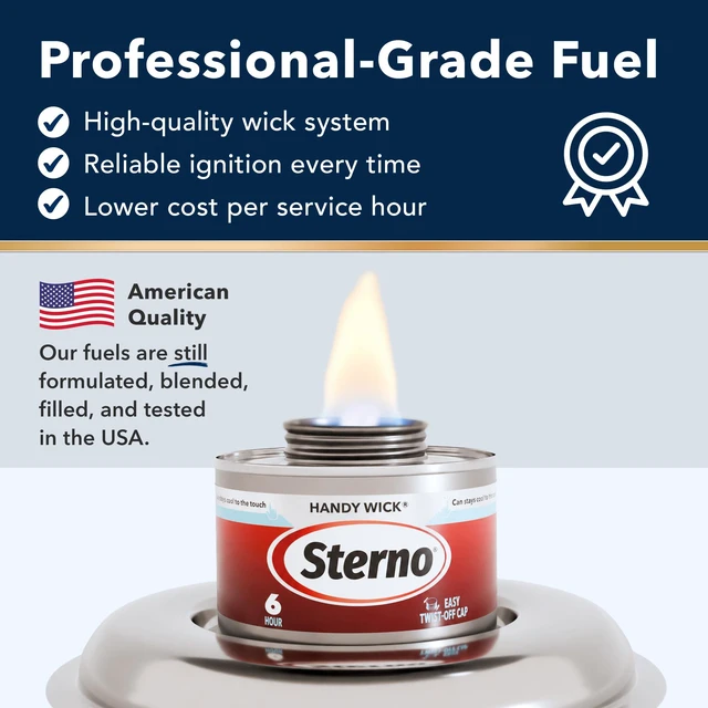 Alt view image 4 of 7 - Handy Wick Twist Top Chafing Fuel, 6-Hour Burn, 12 Pack Easy Twist cap, steady wick flame, UL 2997 validated, consistent heat, cool can, reusable, indoor/outdoor
