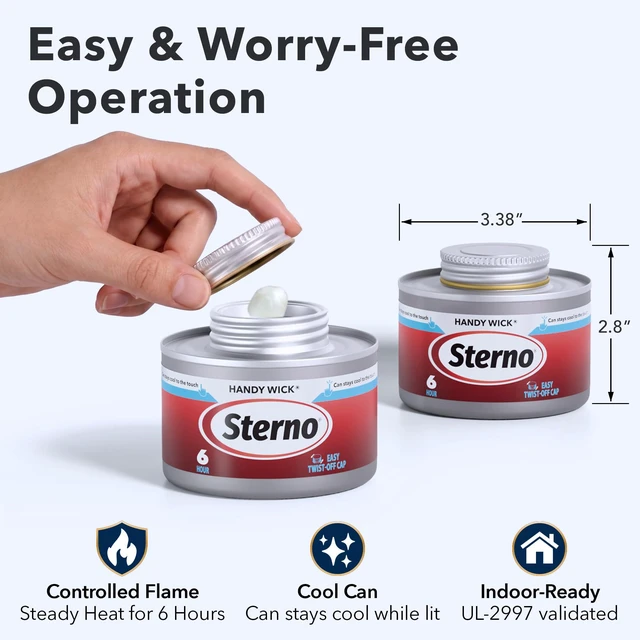 Alt view image 7 of 7 - Handy Wick Twist Top Chafing Fuel, 6-Hour Burn, 12 Pack Easy Twist cap, steady wick flame, UL 2997 validated, consistent heat, cool can, reusable, indoor/outdoor