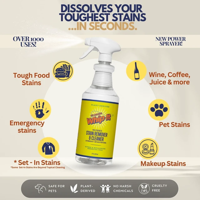 Alt view image 4 of 7 - Whip-It Stain Remover and Concentrate Kit, 2-32oz Concentrates & 1-32 OZ Pro Spray Stain Remover, Makes 64 Bottles, Removes Coffee, Wine, Baby Stains, Pet Stains, Plant Based, Enzyme Cleaner, 500 Uses