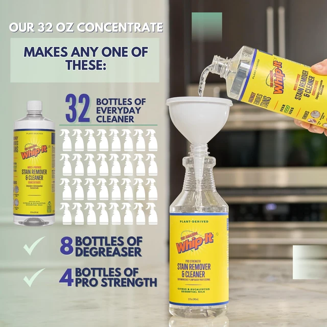 Alt view image 5 of 7 - Whip-It Stain Remover and Concentrate Kit, 2-32oz Concentrates & 1-32 OZ Pro Spray Stain Remover, Makes 64 Bottles, Removes Coffee, Wine, Baby Stains, Pet Stains, Plant Based, Enzyme Cleaner, 500 Uses