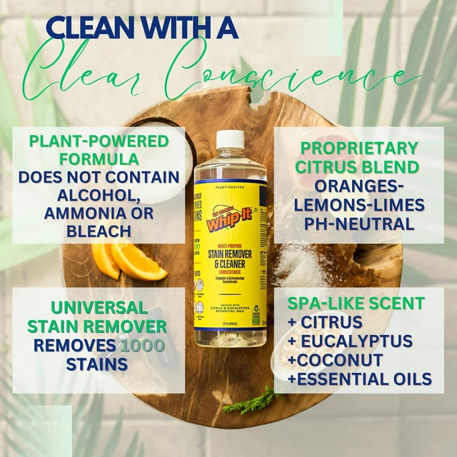 Alt view image 7 of 7 - Whip-It Stain Remover and Concentrate Kit, 2-32oz Concentrates & 1-32 OZ Pro Spray Stain Remover, Makes 64 Bottles, Removes Coffee, Wine, Baby Stains, Pet Stains, Plant Based, Enzyme Cleaner, 500 Uses