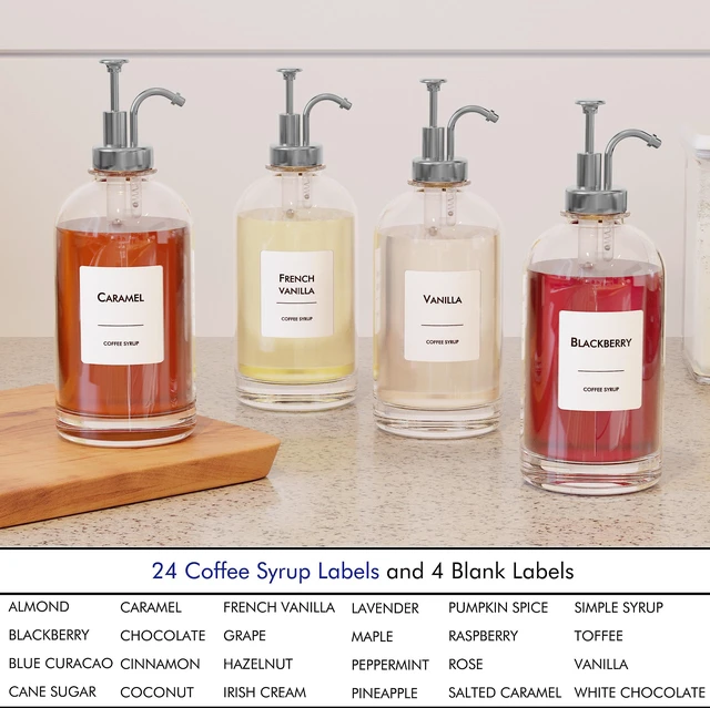 Alt view image 5 of 7 - 16.9 oz/500 ml Coffee Syrup Dispenser Set - 2 Glass Bottles with Silver Pumper and Syrup Labels - Precise Dispensing and Stylish Addition to Coffee Shop, Cafe or Home Bar