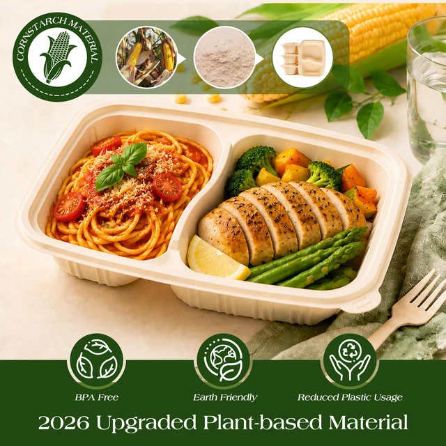 Alt view image 3 of 7 - 100 Piece (50 Pack) Meal Prep Containers Reusable - 2 Compartment 32 oz Cornstarch Snack Containers with Lids - Plastic Food Storage Salad Containers - To Go Lunch Box - Microwave & Freezer Safe