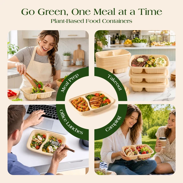 Alt view image 2 of 7 - 100 Piece (50 Pack) Meal Prep Containers Reusable - 2 Compartment 32 oz Cornstarch Snack Containers with Lids - Plastic Food Storage Salad Containers - To Go Lunch Box - Microwave & Freezer Safe