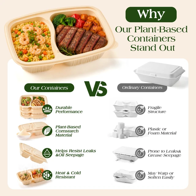 Alt view image 4 of 7 - 100 Piece (50 Pack) Meal Prep Containers Reusable - 2 Compartment 32 oz Cornstarch Snack Containers with Lids - Plastic Food Storage Salad Containers - To Go Lunch Box - Microwave & Freezer Safe