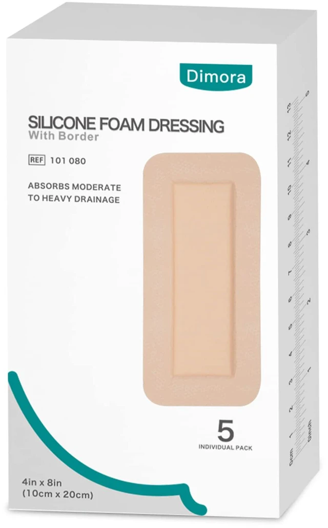 Main image of Silicone Foam Dressing with Border Adhesive 4"x8" Waterproof Wound Dressing Bandage for Wound Care 5 Pack