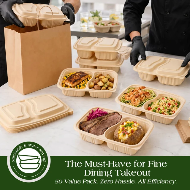 Alt view image 6 of 7 - 100 Piece (50 Pack) Meal Prep Containers Reusable - 2 Compartment 32 oz Cornstarch Snack Containers with Lids - Plastic Food Storage Salad Containers - To Go Lunch Box - Microwave & Freezer Safe
